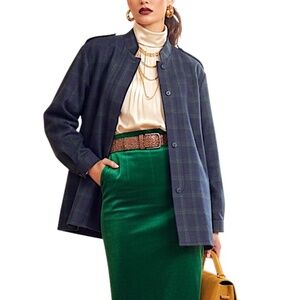 Vintage blue green plaid statement shoulder wool boxy shirt jacket shacket